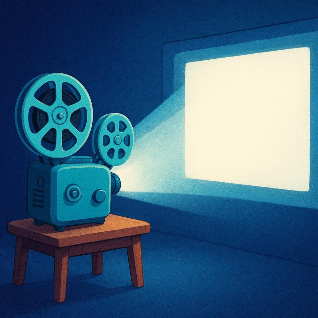 Un projecteur de film vintage fonctionnant dans une pièce sombre, projetant un faisceau de lumière rectangulaire et brillant sur un grand écran blanc.