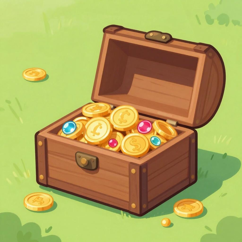 A large, overflowing treasure chest filled with gold coins and sparkling gems.