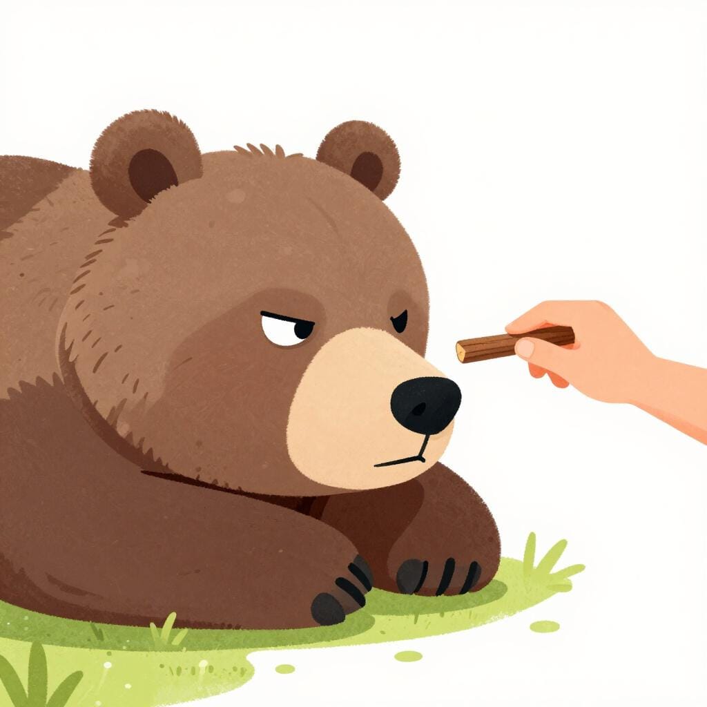 A small hand poking a sleeping bear with a stick.