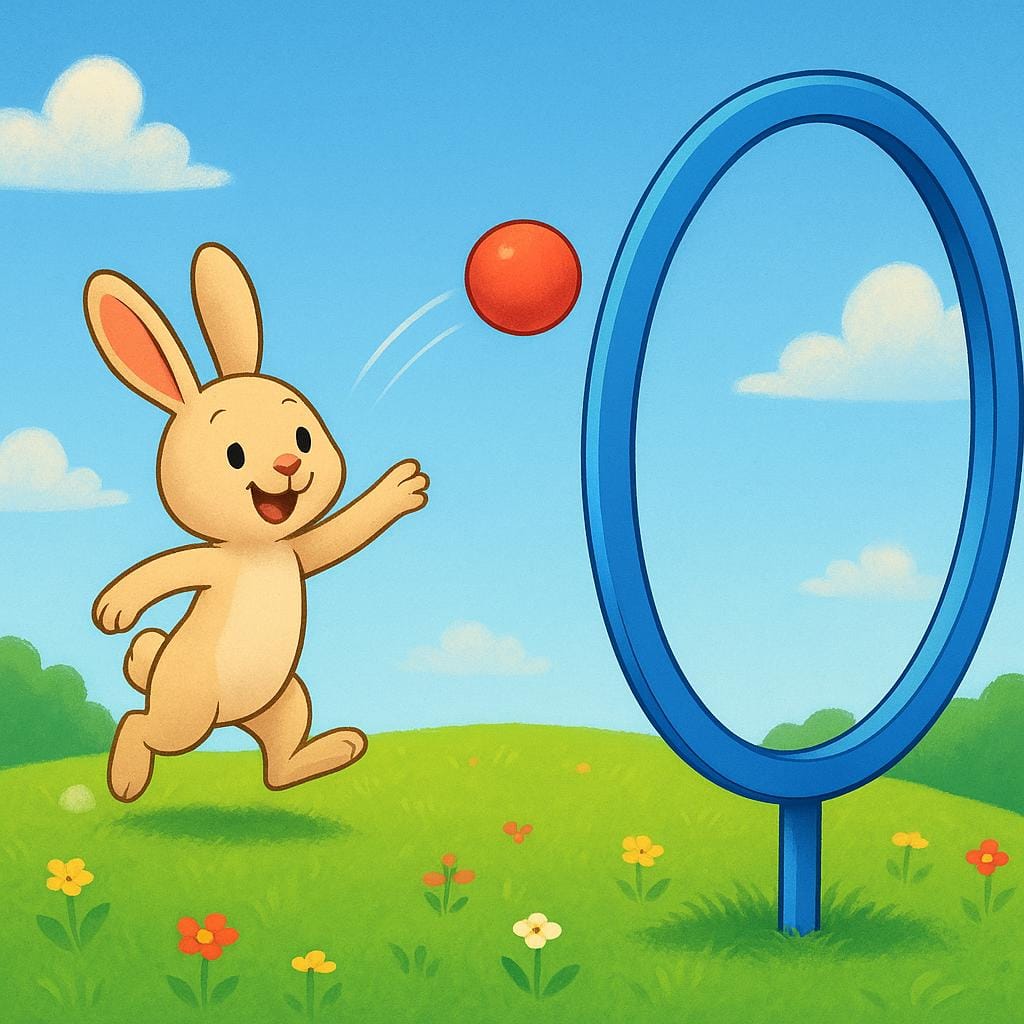 A high-quality storybook illustration showing a cheerful small rabbit standing on a sunny hill, throwing a bright red ball towards a very wide, easy-to-hit blue hoop, symbolizing a likely or probable successful outcome.