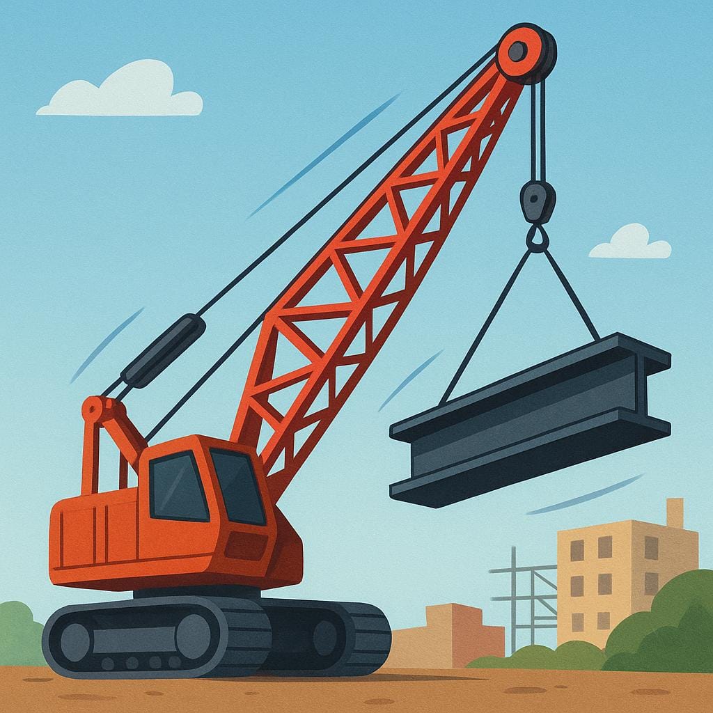 A powerful mechanical crane rapidly lifting a heavy steel beam high above the ground, illustrating the concept of power as the rate of doing work.