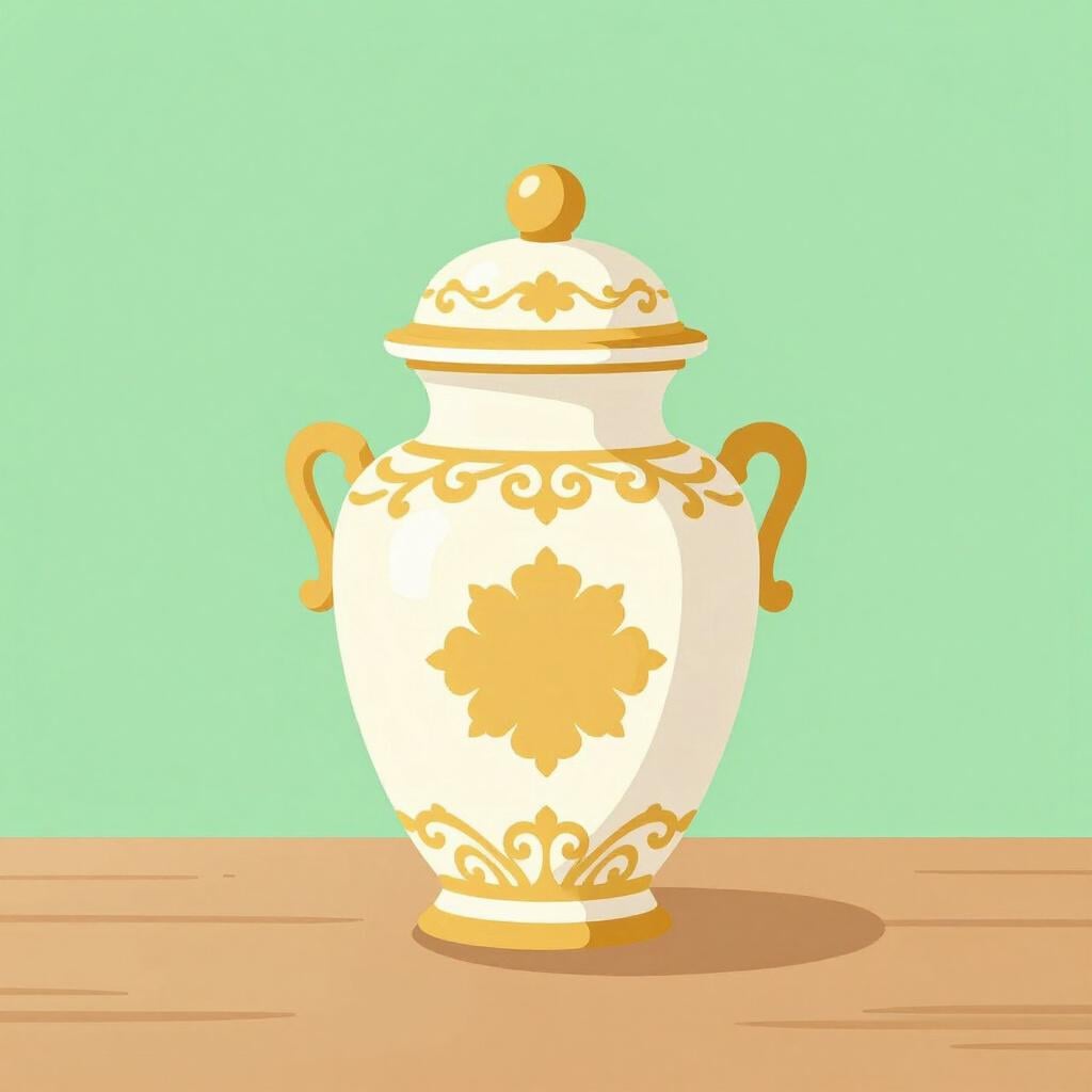 Um jarro de cerâmica decorativo com tampa pousado numa mesa de madeira.