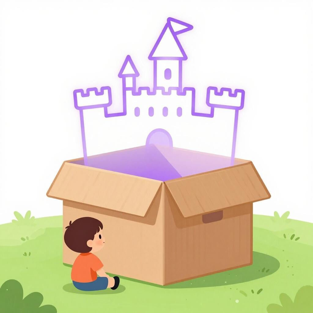Uma criança pequena olhando para uma simples caixa de papelão e imaginando um castelo translúcido e cintilante flutuando acima dela.