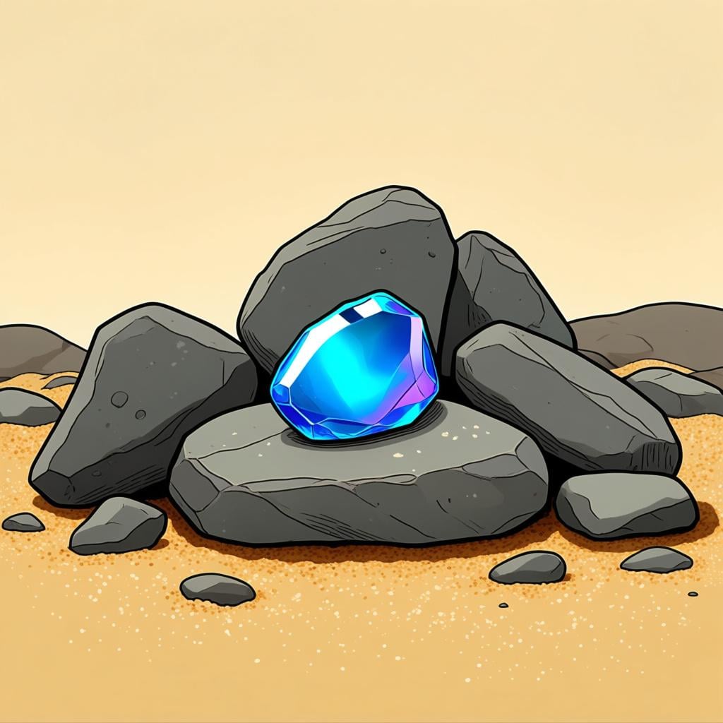 A collection of ordinary gray stones surrounding one glowing, perfectly smooth, iridescent blue stone.