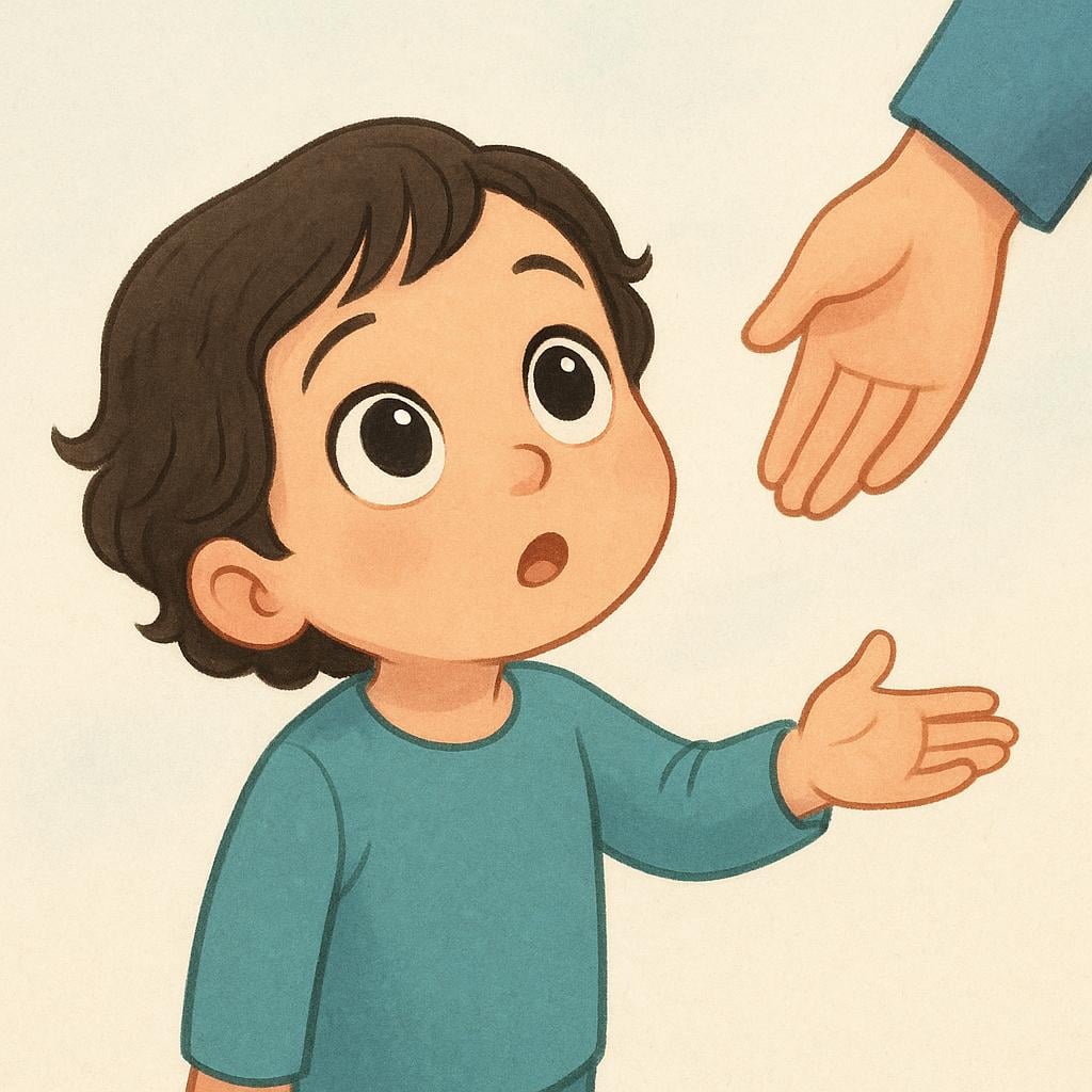 A simple storybook illustration showing a young child looking up at an adult with a curious expression, using a hand gesture that indicates they are asking a question.