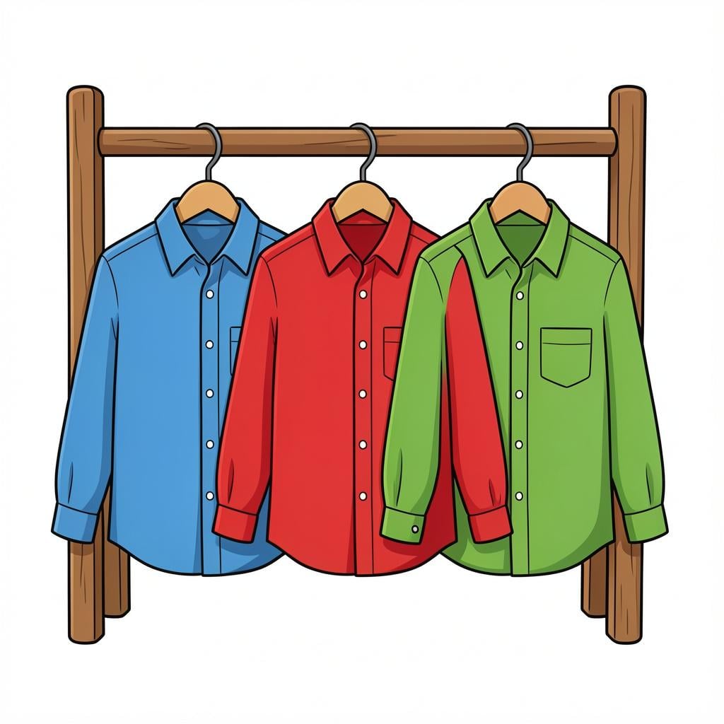 A row of colorful button-down shirts with collars hanging on wooden hangers.