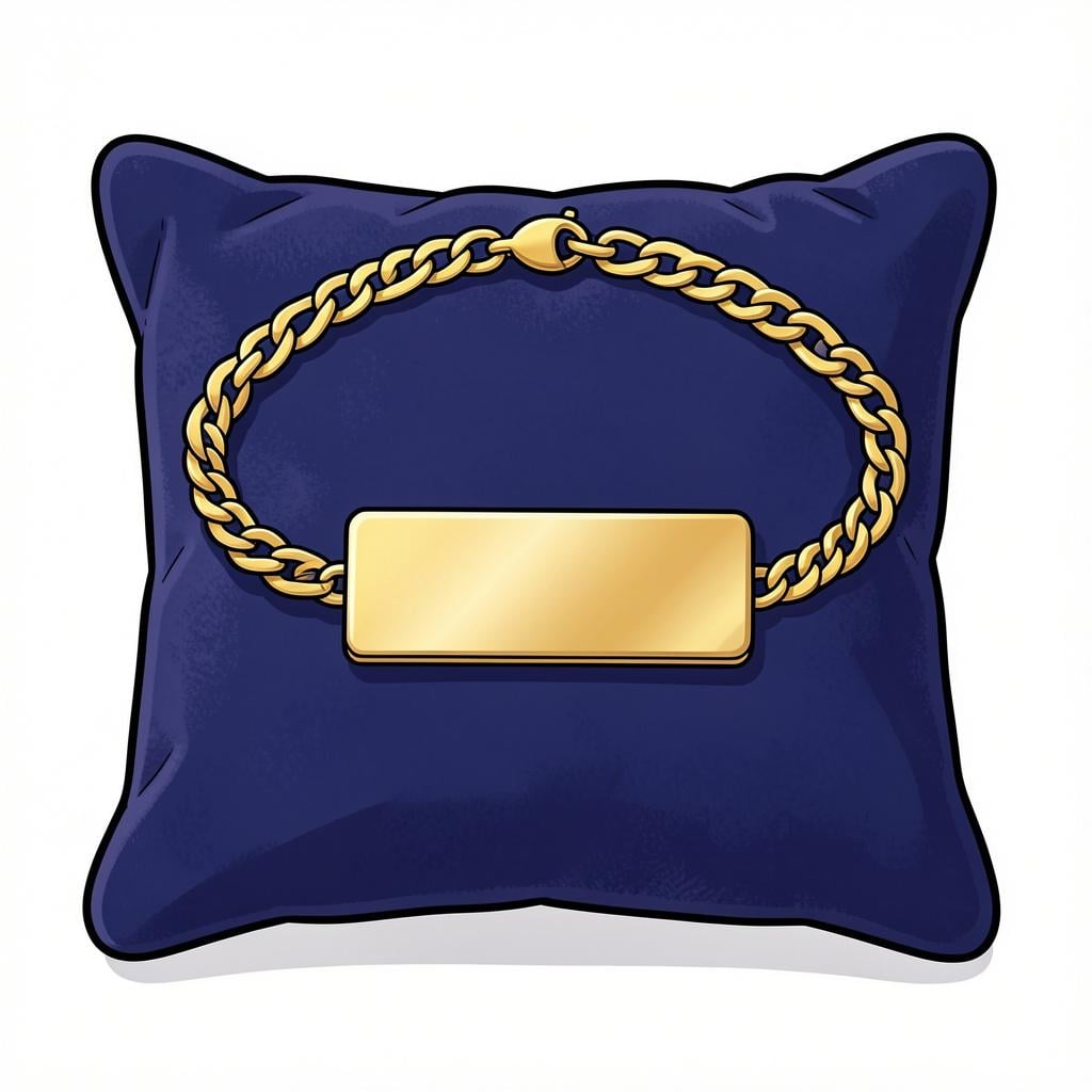A shiny gold chain bracelet with a flat, polished rectangular plate on top.