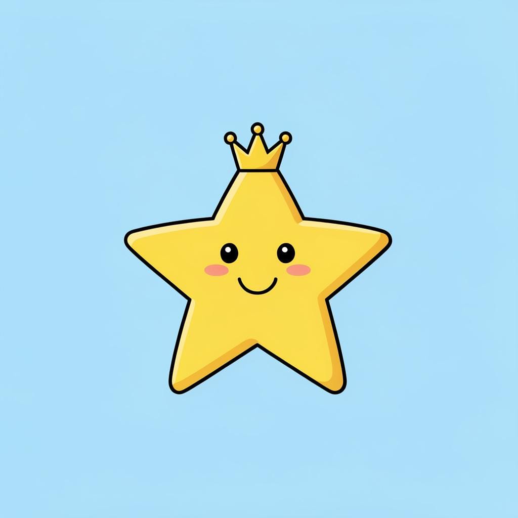 A bright, smiling star wearing a golden crown against a soft blue background.