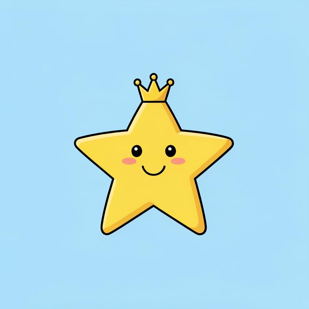 A bright, smiling star wearing a golden crown against a soft blue background.