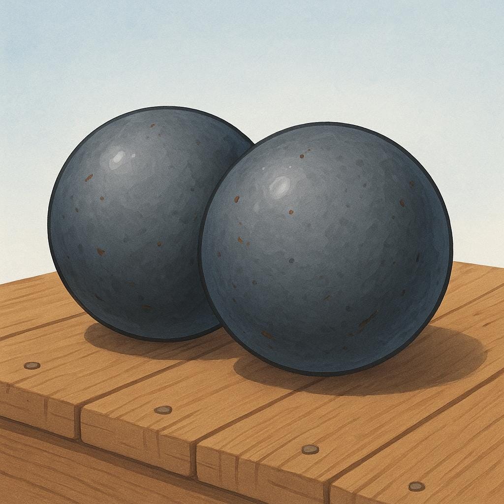 Two large, heavy, gray iron cannonballs resting side-by-side on a rough wooden surface, symbolizing toughness.