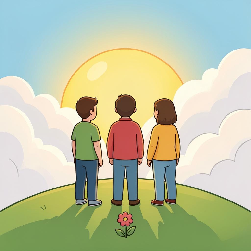 A small group of people standing together on a grassy hill under a bright sun after a storm.