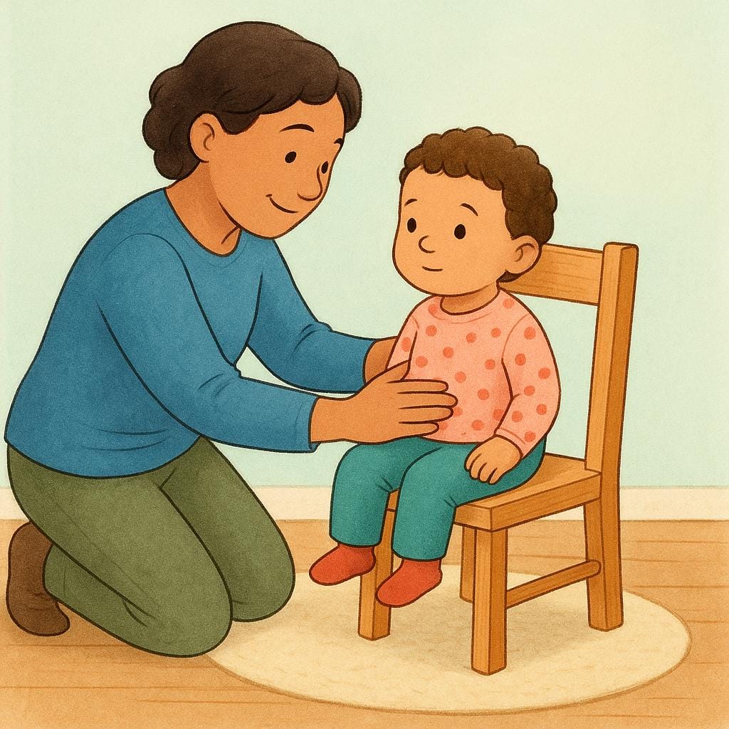 An adult gently guiding a small child onto a simple wooden chair in a domestic setting.