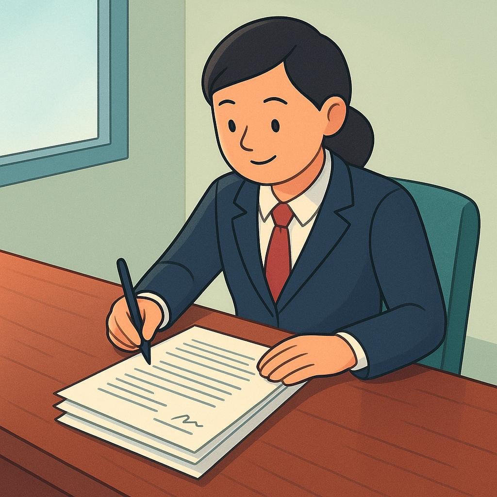 A professional-looking person in a dark suit sitting at a large wooden table, signing an official document with a fountain pen.