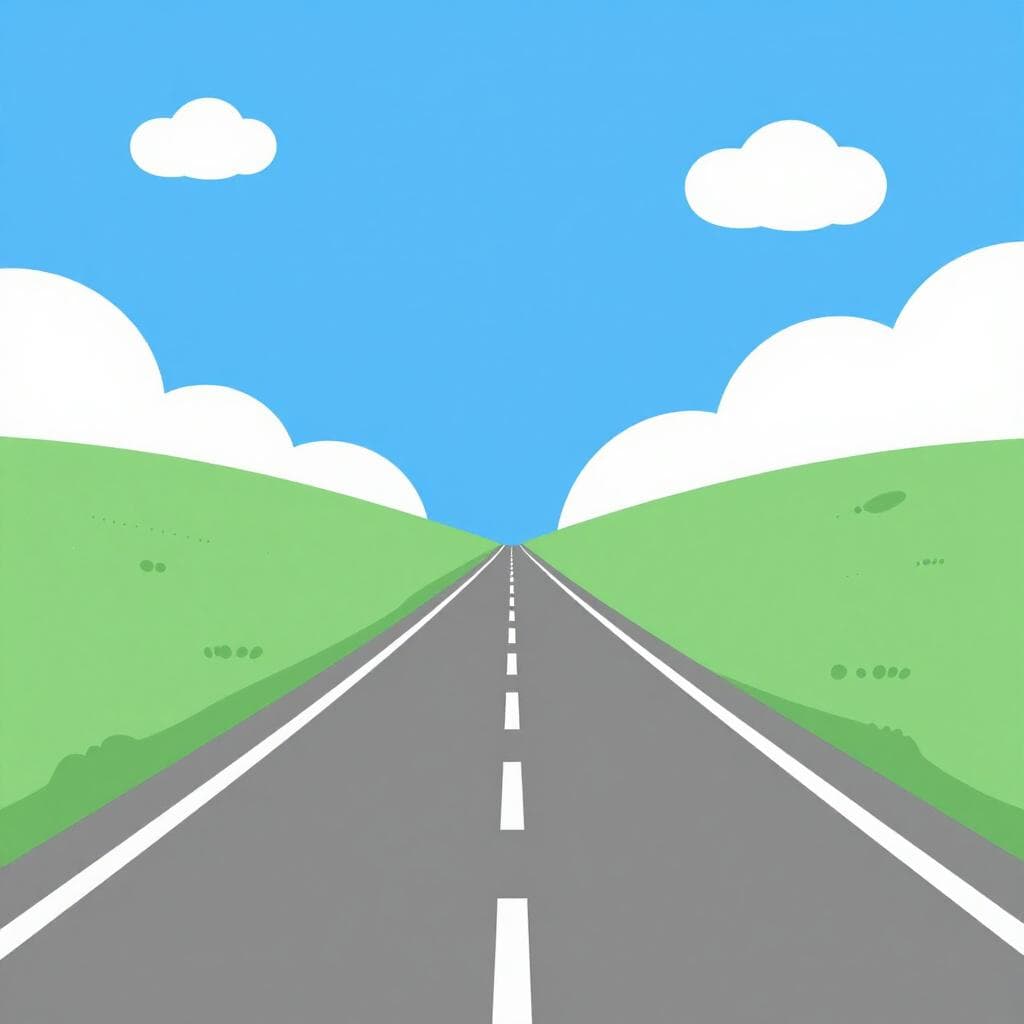 Une route large à plusieurs voies s'étendant vers l'horizon sous un ciel bleu clair, entourée d'herbe verte.
