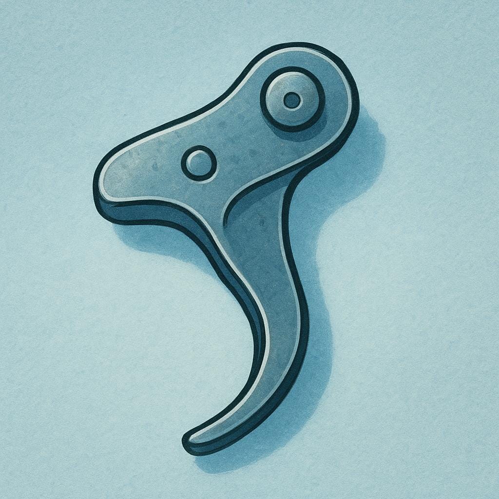 A close-up view of a metallic, curved lever trigger mechanism, designed to be pulled by a finger.