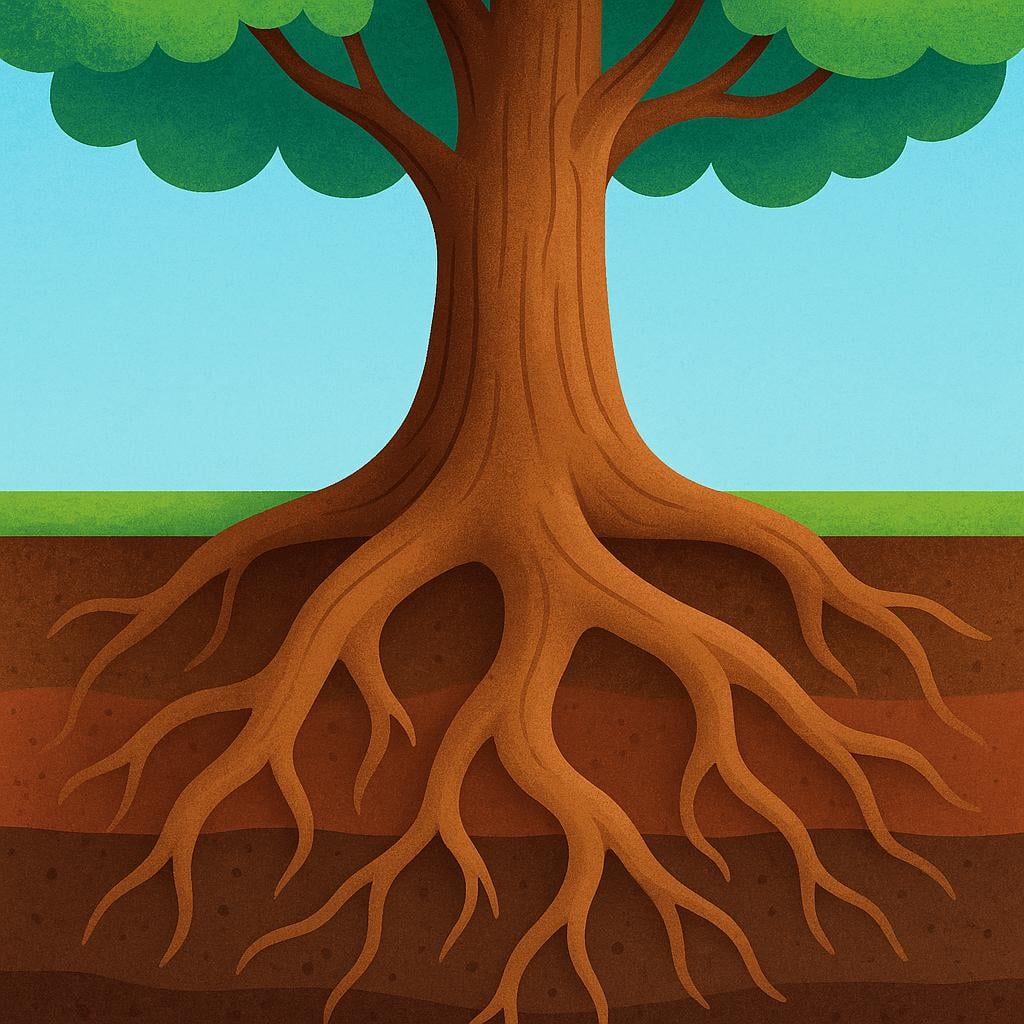 A massive, single foundational root firmly planted in the earth, transitioning directly into a thick, strong tree trunk, symbolizing the origin or source of a concept.