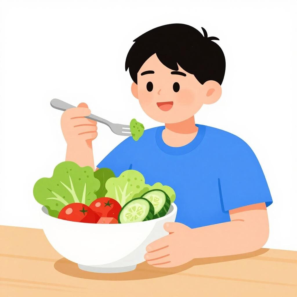 Een gelukkig persoon die aan tafel zit en geniet van een grote salade met diverse verse groenten.