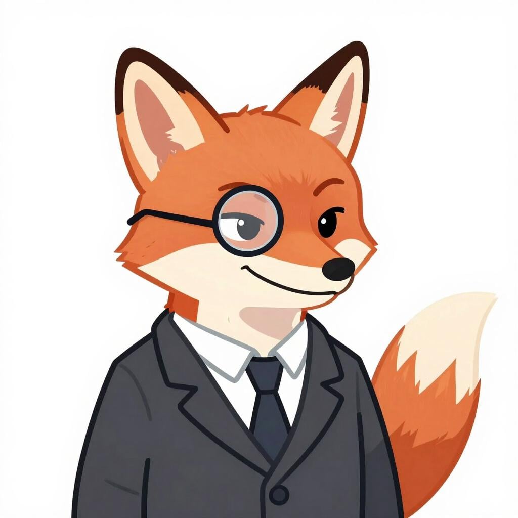 Un renard portant un costume et un monocle, l'air malin.