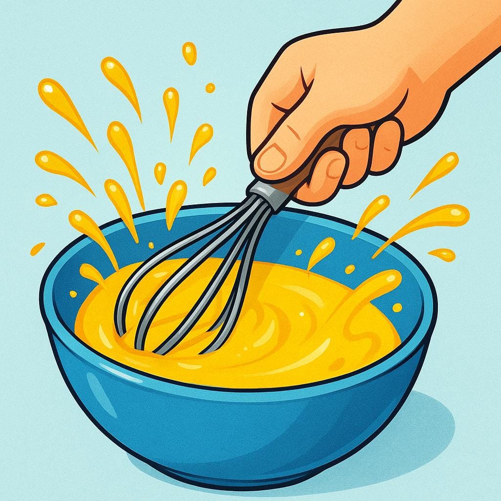 A person's hand holding a silver whisk, vigorously stirring yellow liquid, likely eggs, in a blue mixing bowl.