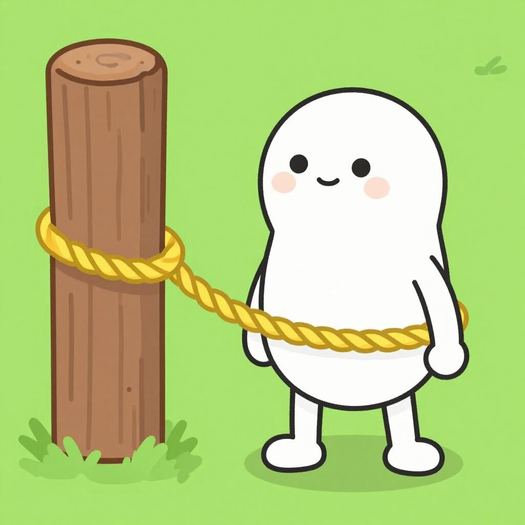 小さな様式化された人物が、太くてカラフルなロープで固定された、動かない大きな木の杭につながれている様子。制約や支配下に置かれていることを象徴している。