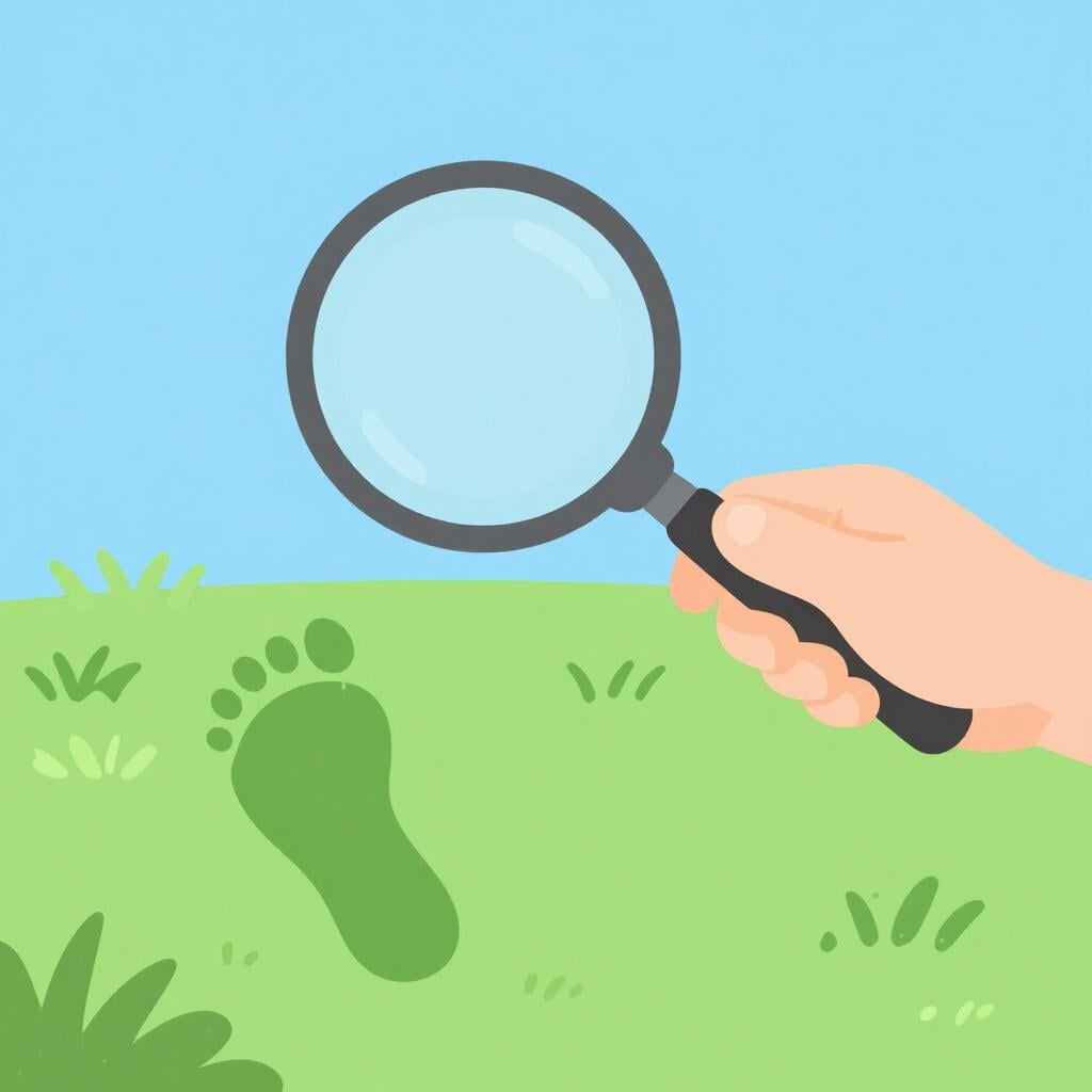 A person holding a large magnifying glass over a single footprint on the ground.