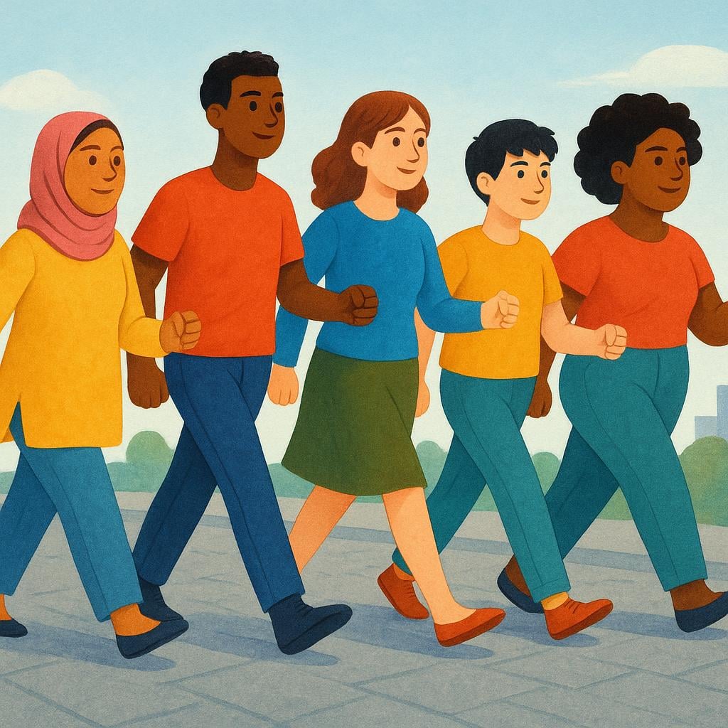 A group of stylized figures marching together down a street, representing a public protest or demonstration.