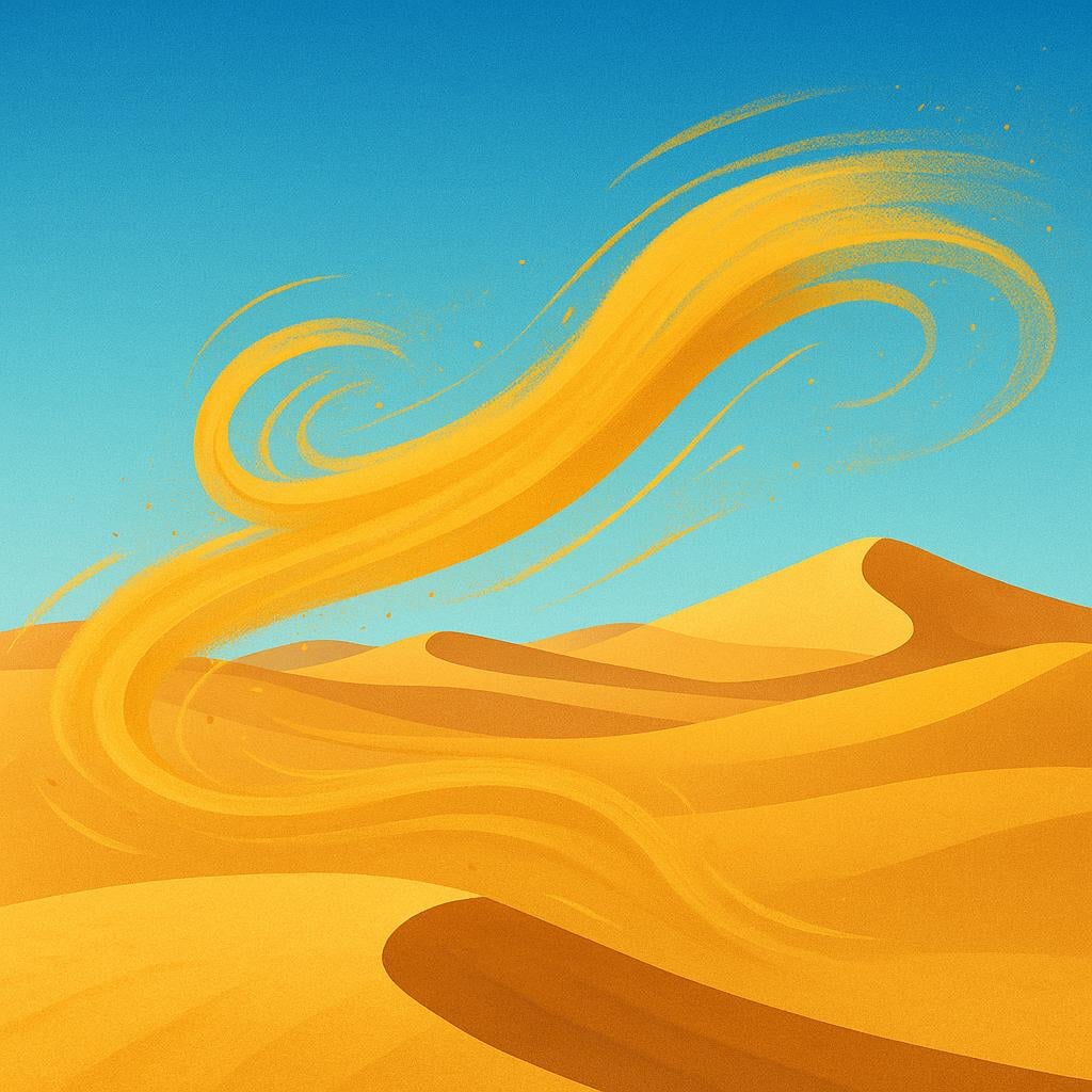 A strong, golden-colored gust of wind swirls sand across a hot desert landscape, illustrating a powerful, hot wind.