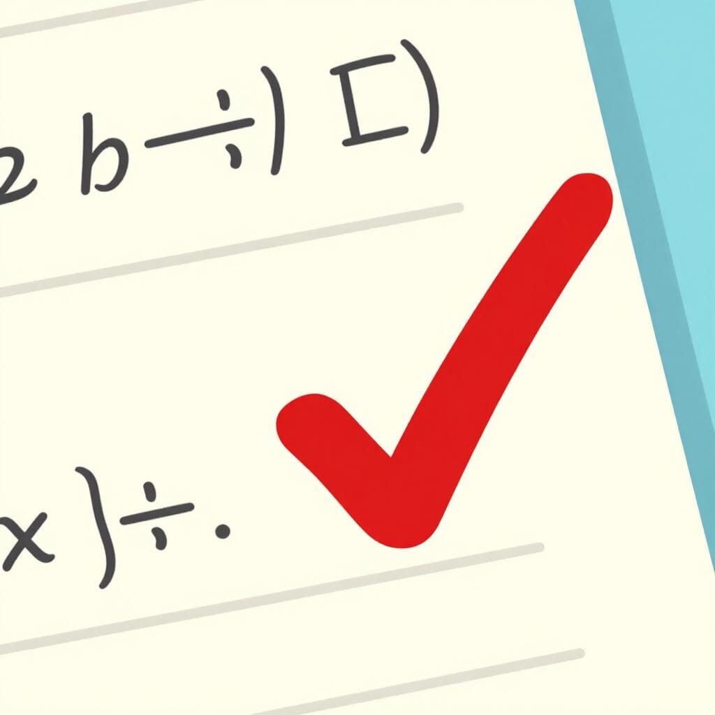 Un grand signe de coche rouge vif sur un morceau de papier avec plusieurs problèmes de mathématiques résolus.