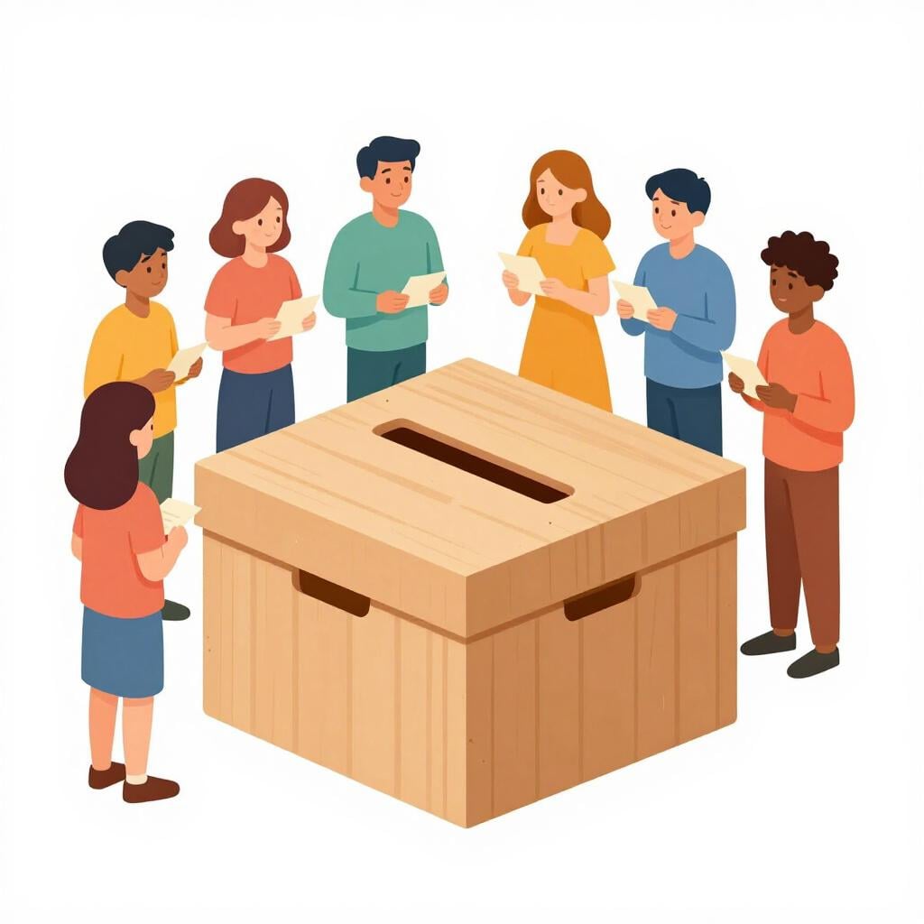 Une urne avec un symbole de cœur dessus, entourée d'une foule diversifiée de personnes.