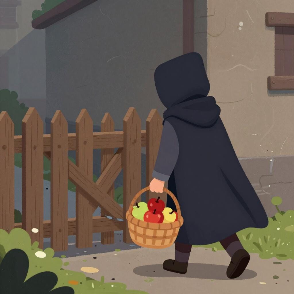 Eine schattenhafte, vermummte Gestalt schleicht sich von einem kaputten Gartenzaun weg, während sie einen gestohlenen Korb mit Obst hält.