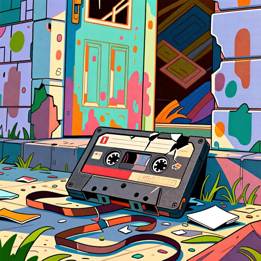 A broken, dusty video cassette tape lying abandoned next to a crumbling building entrance, symbolizing the ruin or end of a business.