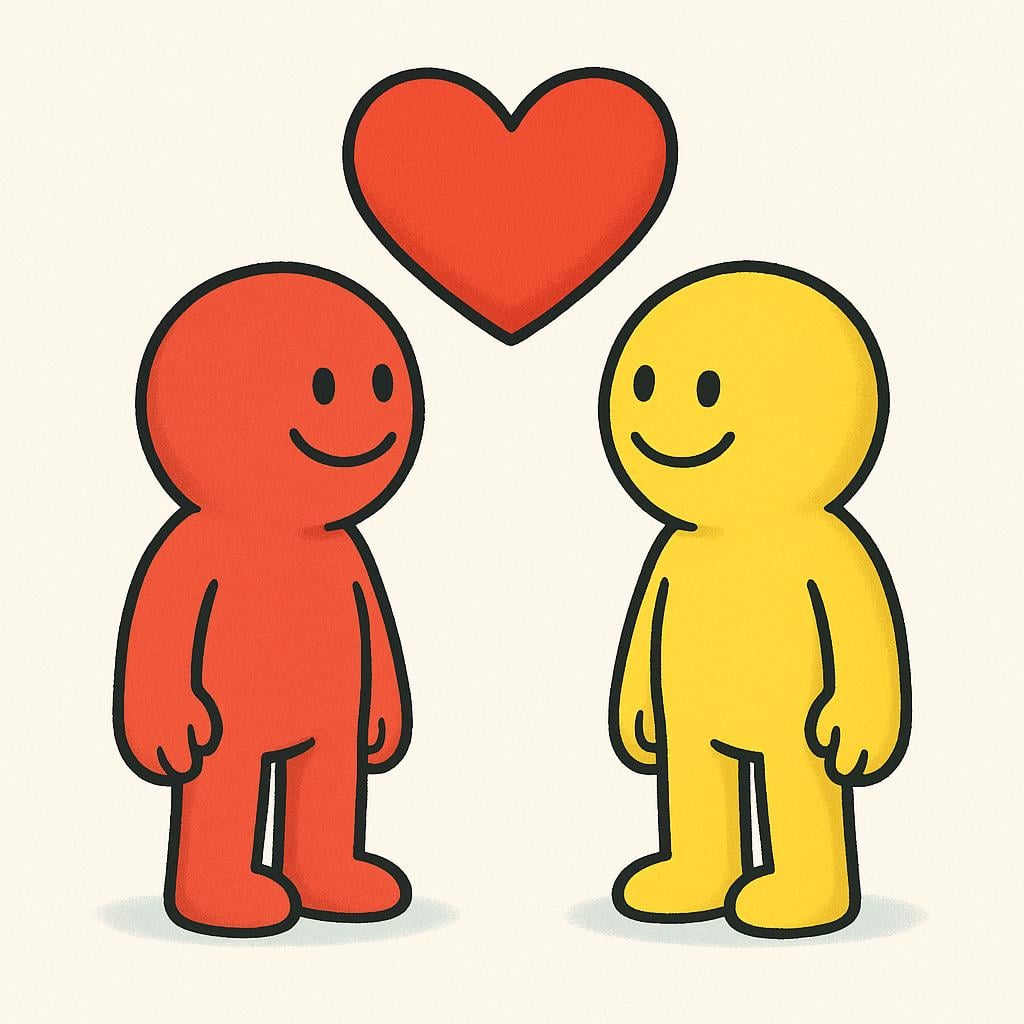 Two simple cartoon figures, one red and one yellow, are standing face-to-face, both smiling warmly. A large, bright red heart floats between their heads, symbolizing mutual liking.