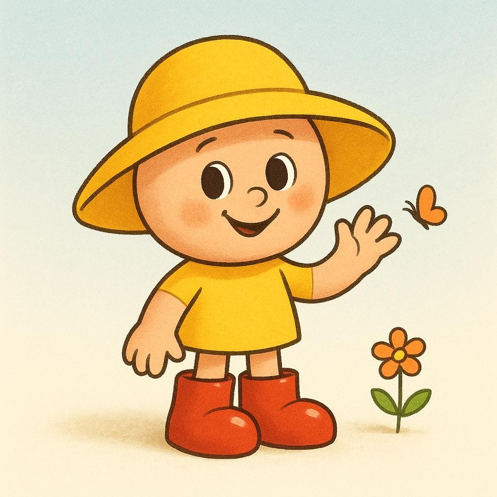 A cartoon character wearing a large yellow sun hat and oversized red boots.