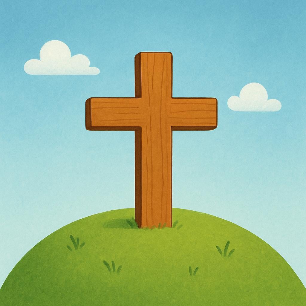 A simple, stylized wooden cross standing upright on a small green hill against a bright blue sky.