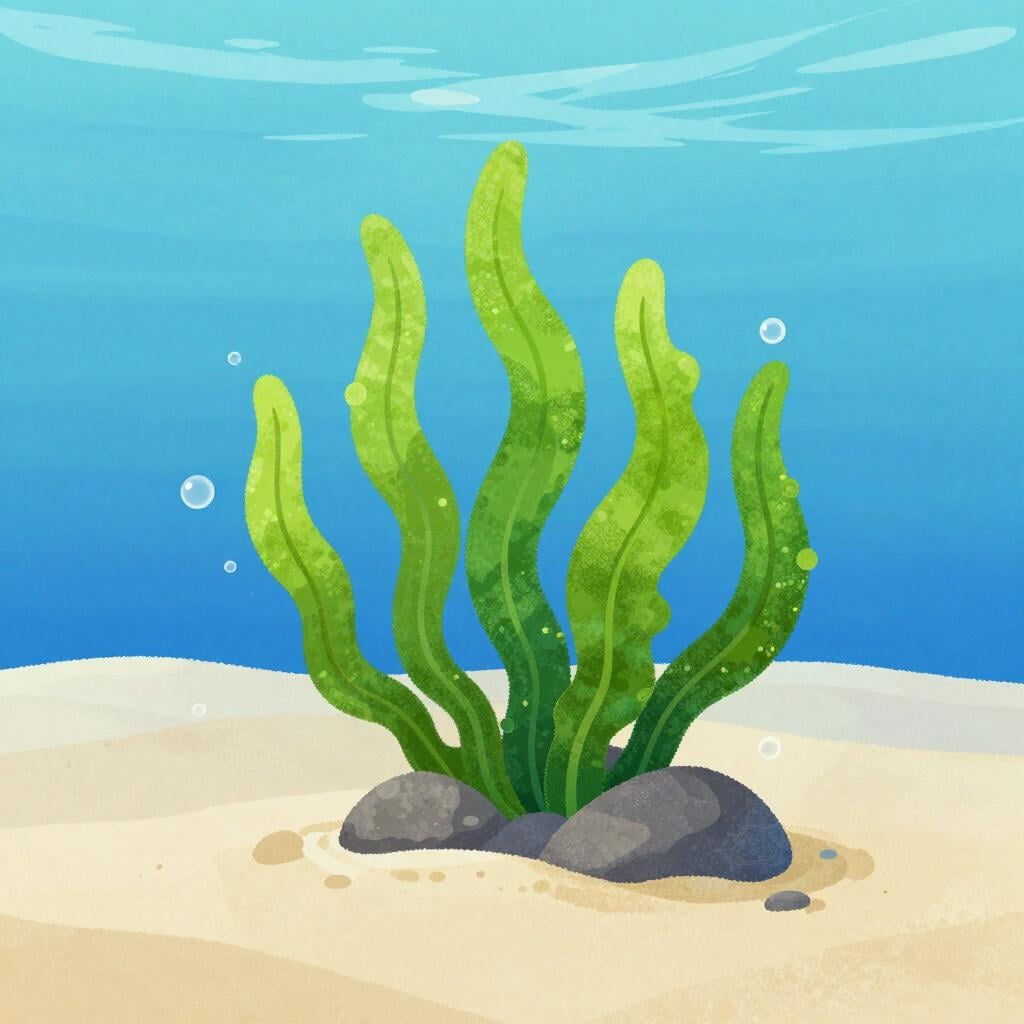 Grüner Seetang, der sanft in klarem blauem Meerwasser schwimmt.