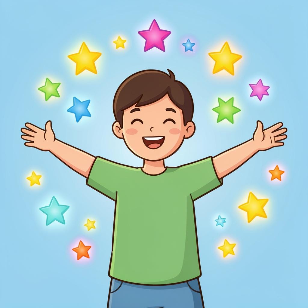 Uma pessoa com um sorriso largo e alegre e olhos fechados, rodeada por brilhos flutuantes coloridos e luz suave.