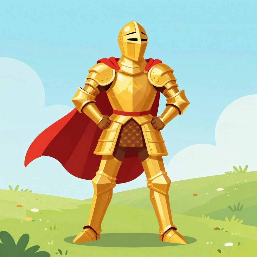 A golden knight in shining armor standing heroically on a small hill.