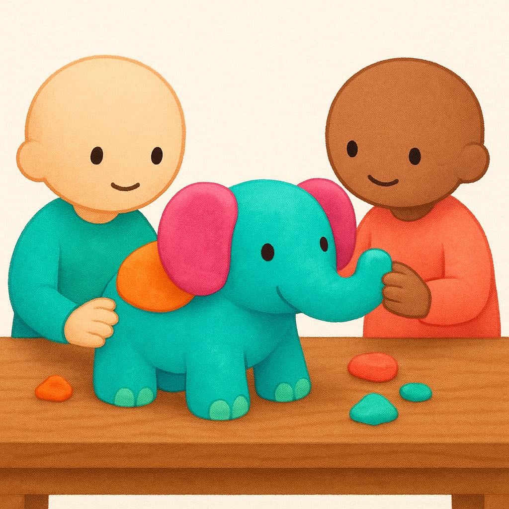 Two simple characters collaboratively molding a large, brightly colored clay sculpture of an animal on a wooden table.