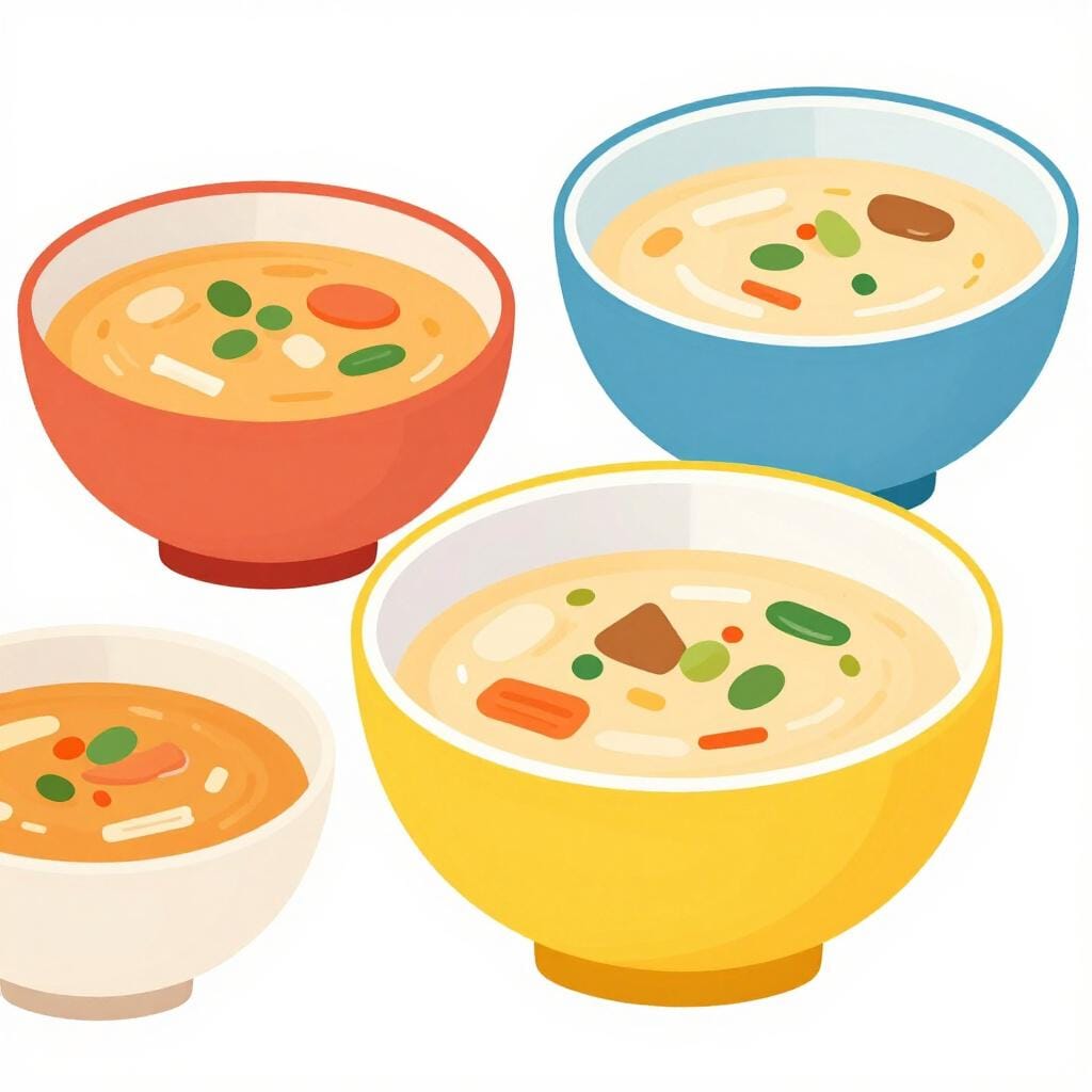 Three bowls of soup in a row: a small one, a medium-sized one, and a large one, with the medium one highlighted.