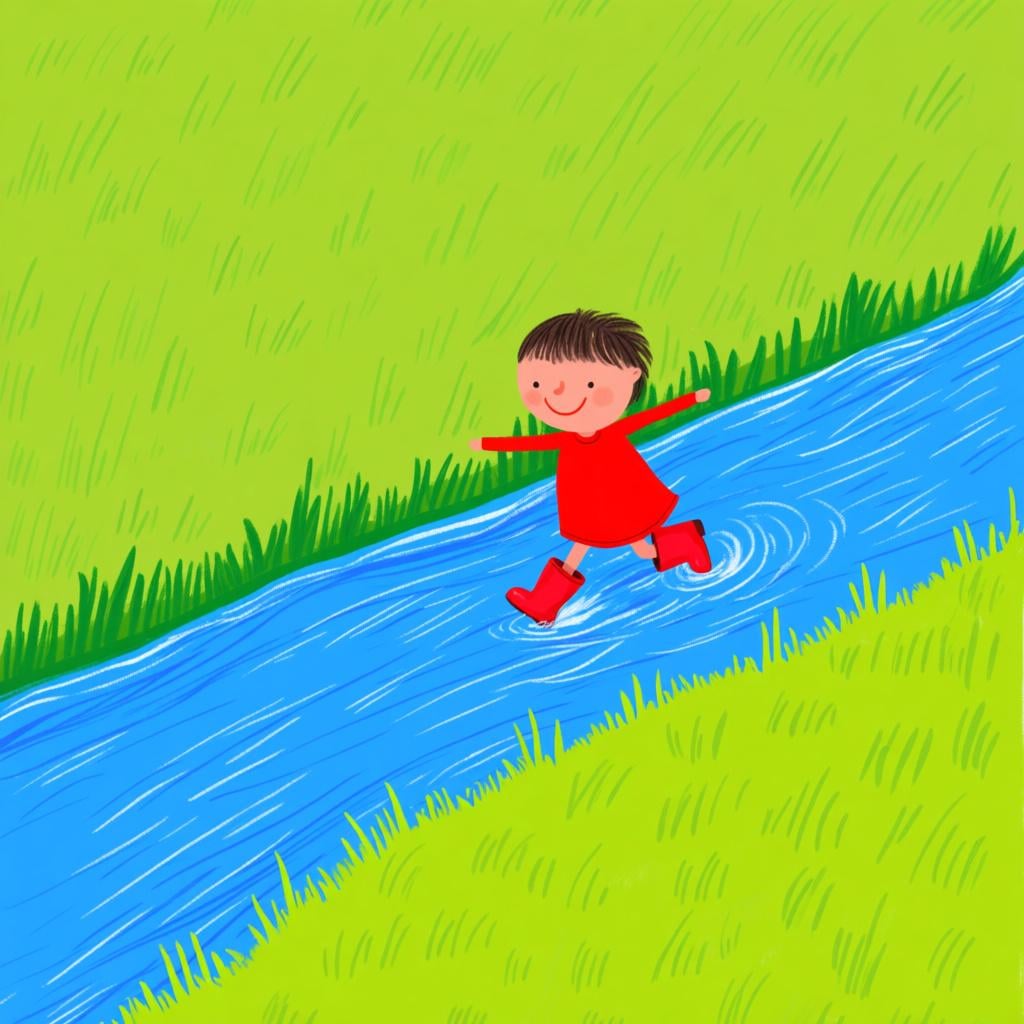 A cheerful small child wearing bright red boots easily stepping across a narrow, shallow blue stream from one grassy bank to the other, symbolizing an achievable action.