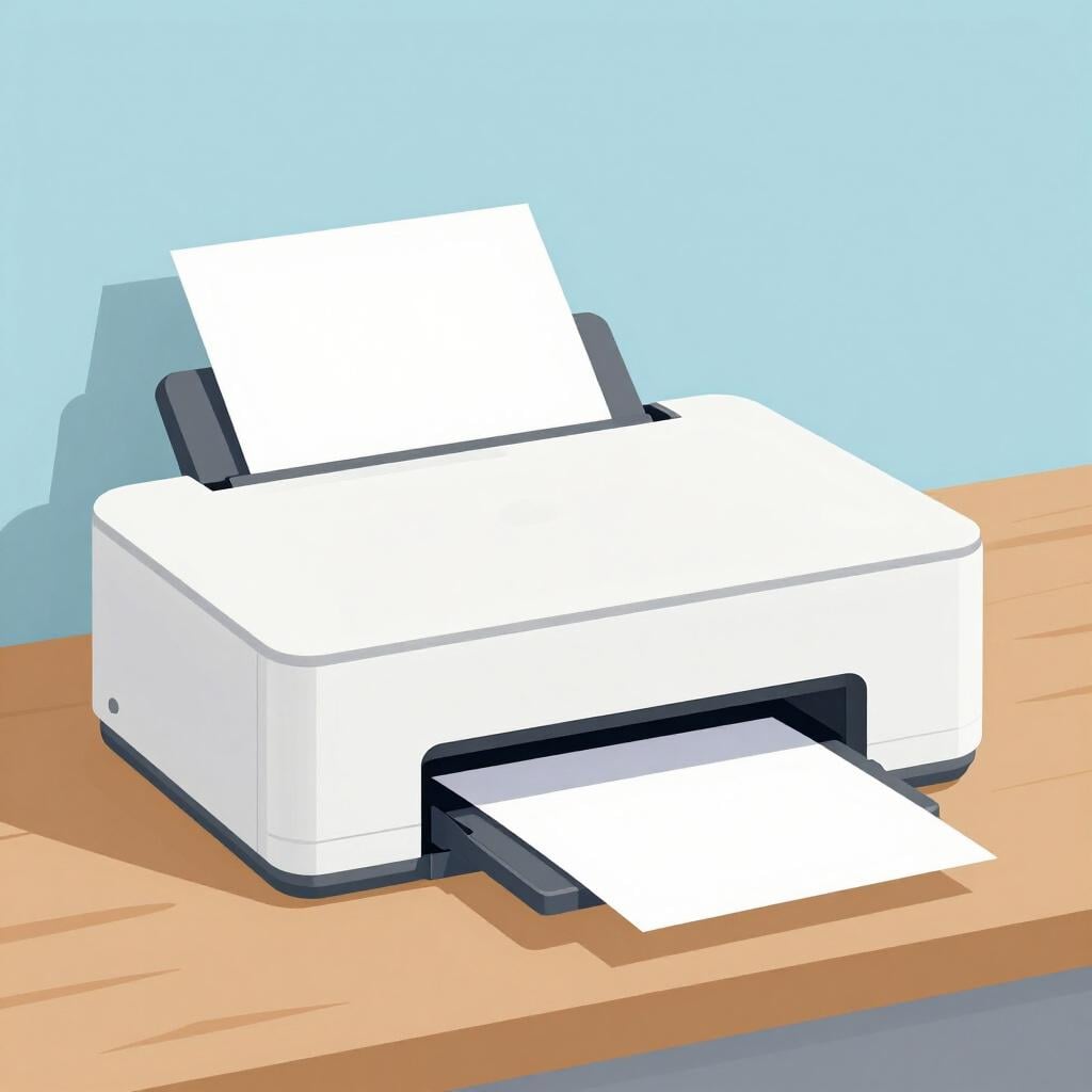 Uma impressora eletrônica moderna branca sobre uma mesa de madeira com uma única folha de papel saindo dela.