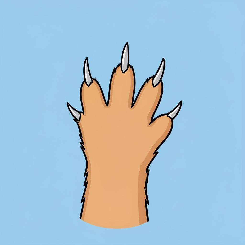 A close-up of a cat's paw with sharp, curved claws extended.