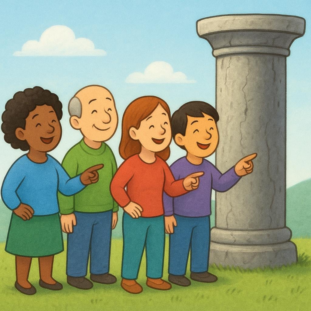 A group of four friends standing together, nodding in agreement while looking at a large, simple drawing of a solid foundation or pillar, symbolizing belief in a fact.