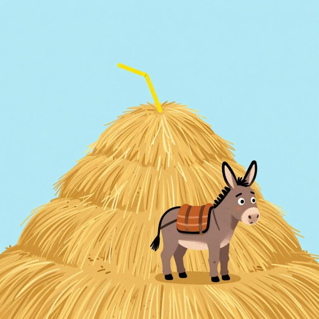 A single piece of straw being placed on top of a very large pile on a donkey's back, causing the donkey to look surprised.
