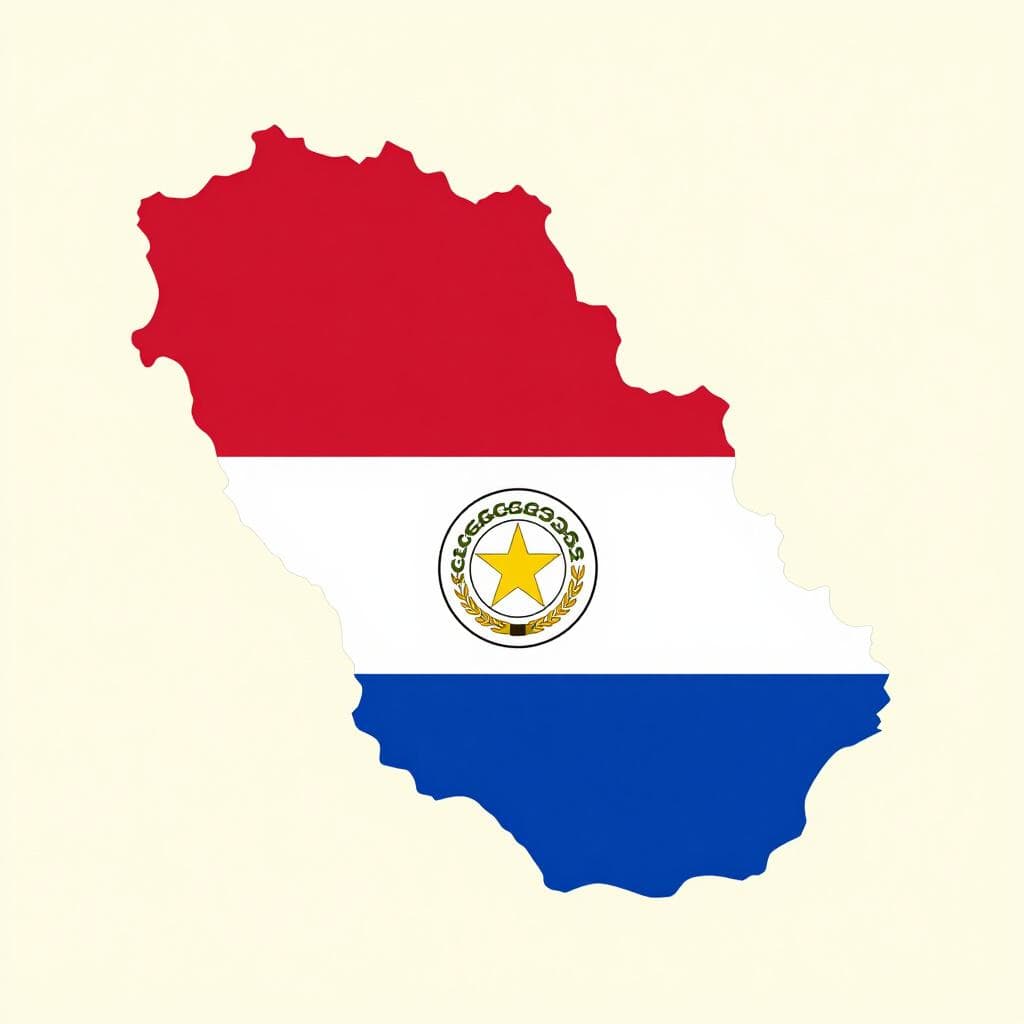 Una silhouette colorata della mappa del Paraguay riempita con i motivi e i colori della bandiera paraguaiana.