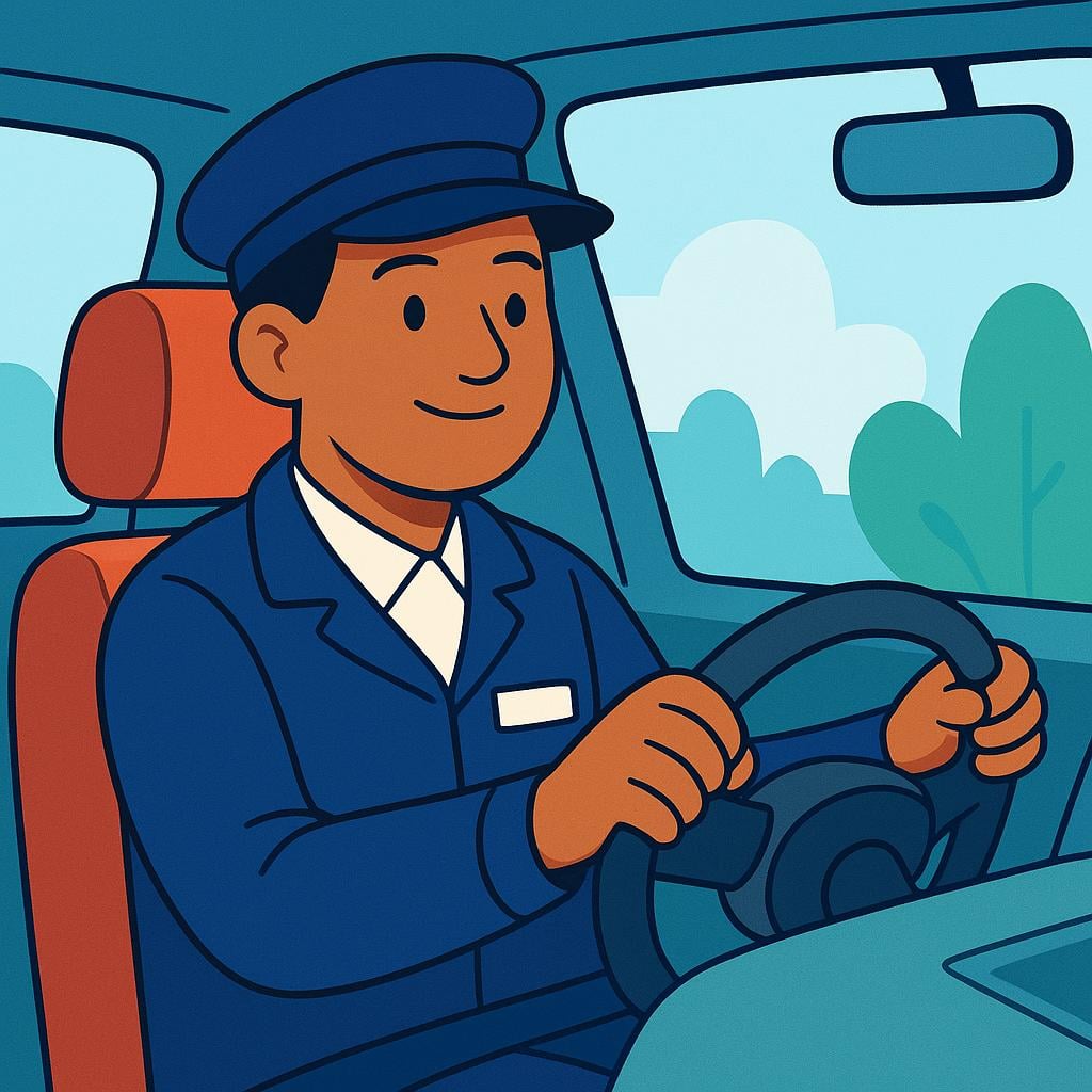 A storybook illustration of a man wearing a professional driver's uniform and cap, sitting behind the steering wheel of a vehicle, focused on the road.