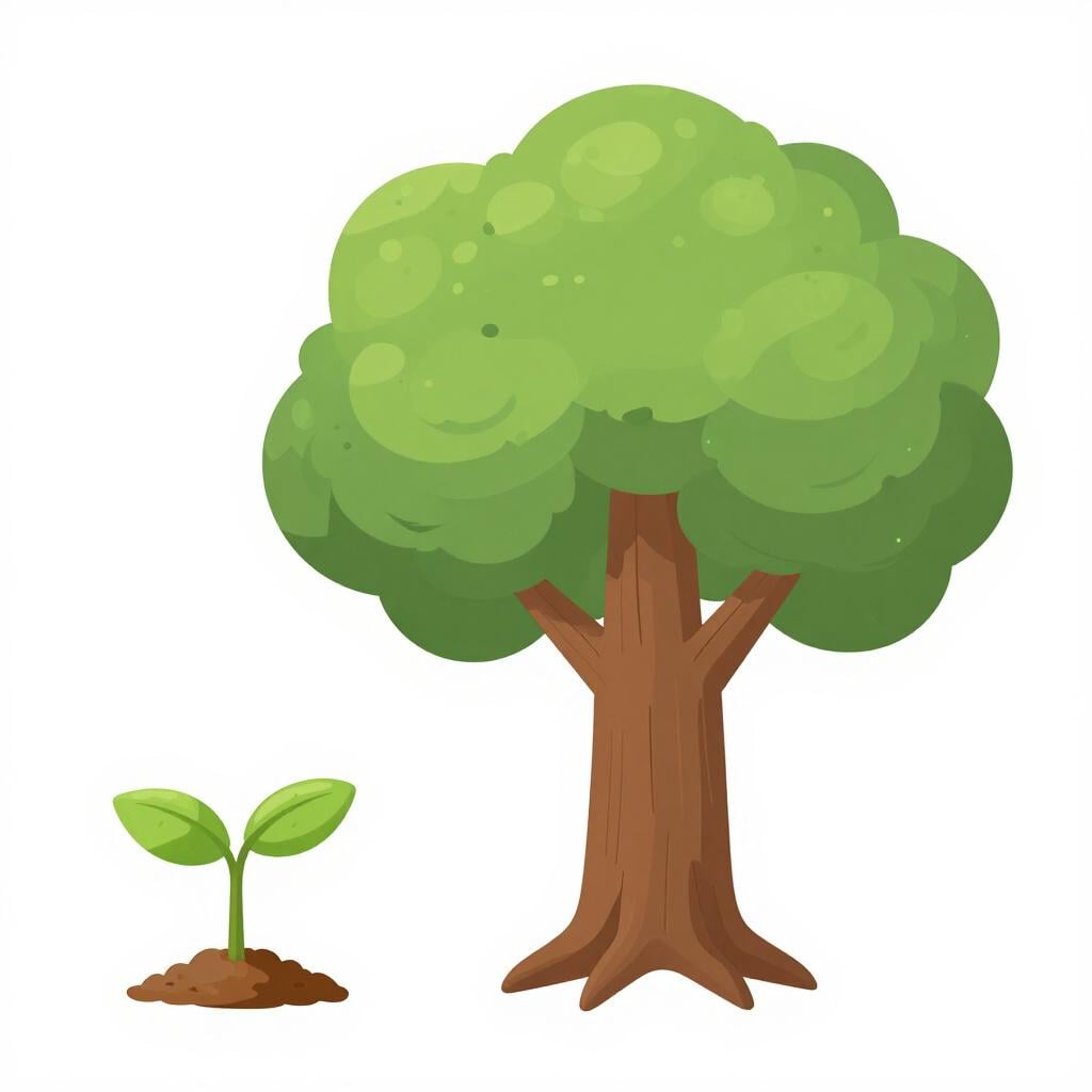 A small green sprout growing into a large, leafy tree.