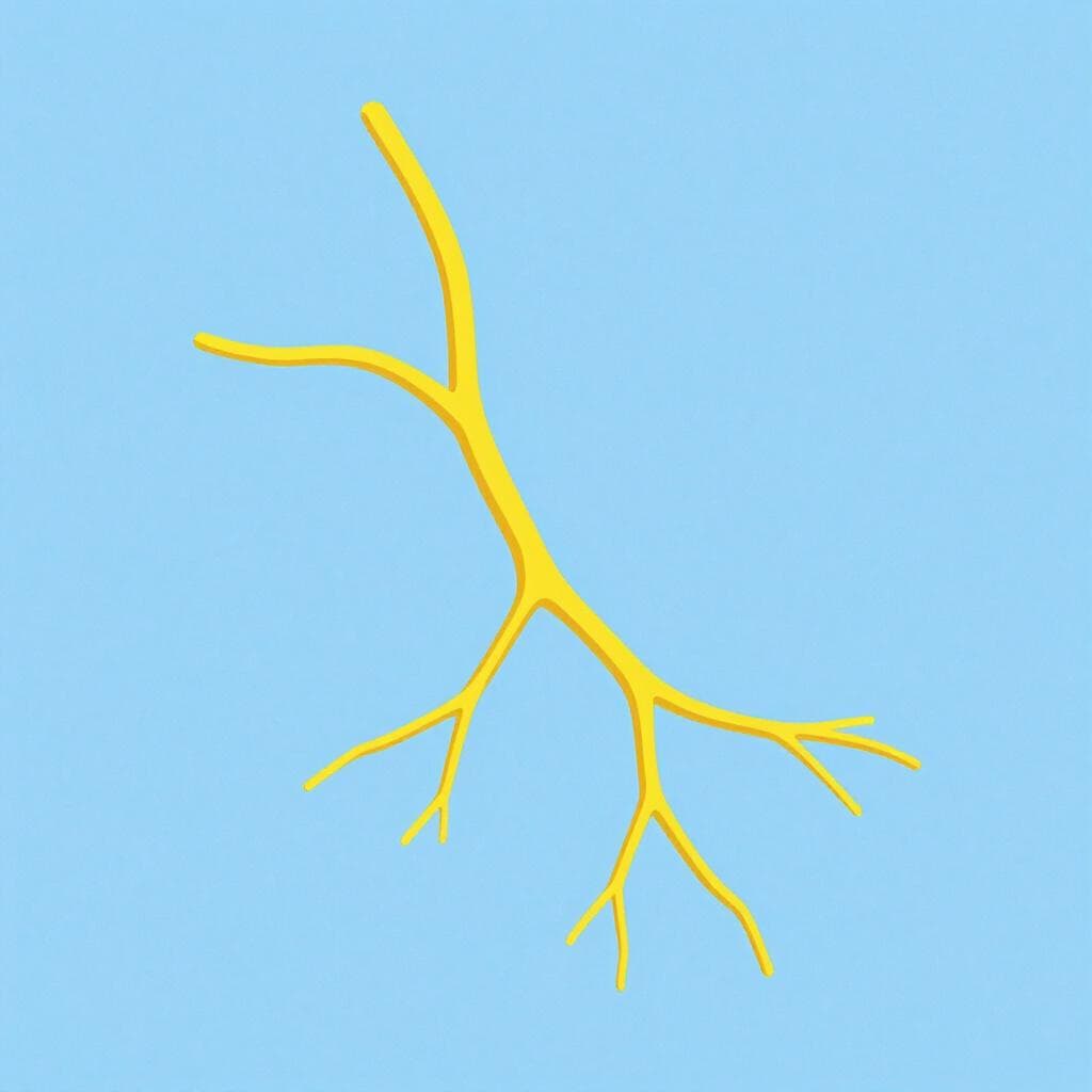 Une illustration détaillée en gros plan d'une seule fibre nerveuse jaune se ramifiant sur un fond épuré.