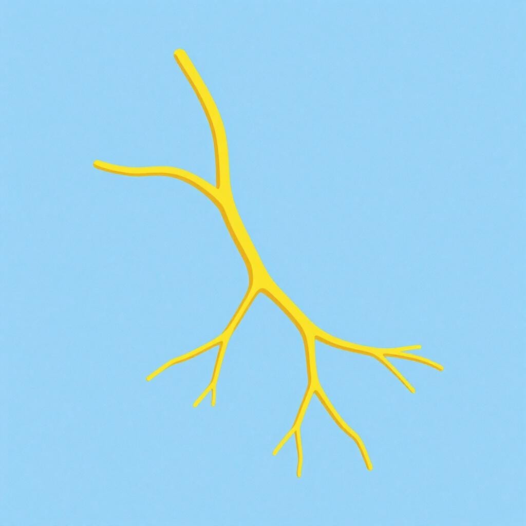 Eine detaillierte Nahaufnahme einer einzelnen gelben Nervenfaser, die sich vor einem sauberen Hintergrund verzweigt.