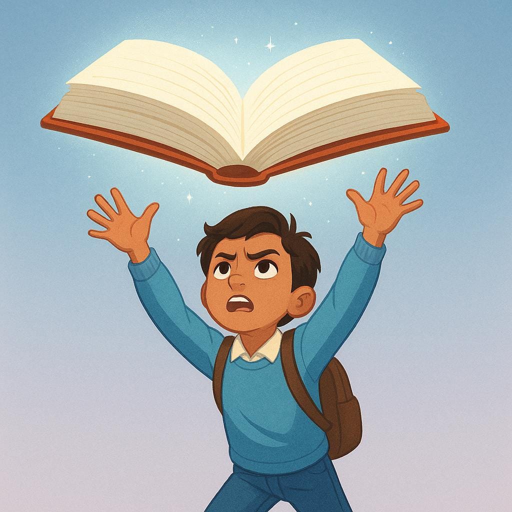 A determined young student enthusiastically reaching out toward a massive, illuminated, open book floating above them, symbolizing an intense thirst or craving for knowledge.